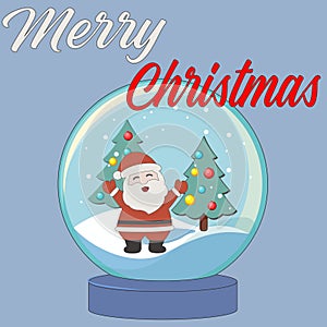 Cartoon clipart of Santa with a magic snow globe granting wishes. Merry Christmas and Happy New Year greeting card