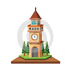Cartoon Clock Tower Model Isolated on White Background