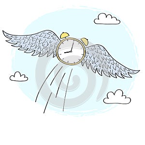 Cartoon clock with wings flying in the sky