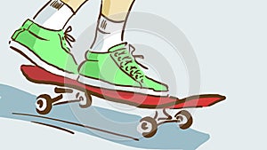 Cartoon Close Up Of Skateboard Rider`s Feet On A Skate, Bottom View