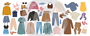 Cartoon clothes. Fashion clothing, coat, jeans and dress, men and women casual garments and accessories flat vector illustration