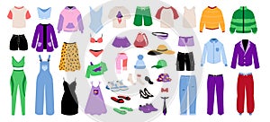 Cartoon clothes. Fashion men or women garments. Children clothing. Casual and business jackets. Seasonal outfits