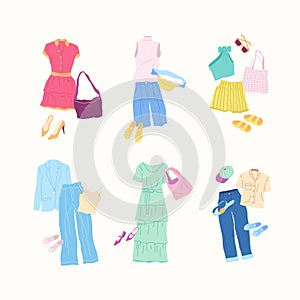 Cartoon Clothes Female Different Style Summer Combo Set. Vector