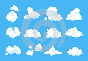 Cartoon clouds. Blue sky panorama heaven atmosphere vintage 2D fluffy white element flat cloudy shape. Vector set