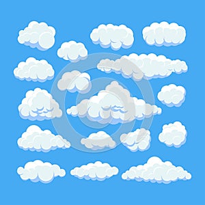 Cartoon clouds on blue sky panorama vector collection. Cloudscape in blue sky, white cloud illustration