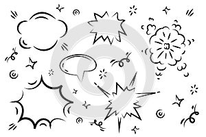 Cartoon clouds and explosions set for comics, Speech bubbles. Thinking and speaking clouds with doodle vector set