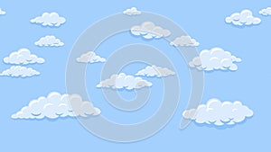 Cartoon clouds floating in the blue sky. Background seamless looping animation.