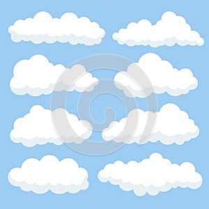 Cartoon clouds isolated on blue sky panorama collection. Cloudscape in blue sky, white cloud illustration
