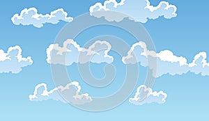 Cartoon clouds landscape light background. Cloudscape in blue sky, white cloud illustration. Blue sky panorama, vector