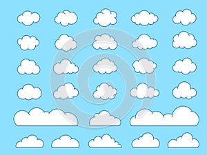 Cartoon clouds with outline isolated on a blue background.