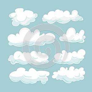 Cartoon clouds set isolated on blue background. Cloudscape in blue sky, white cloud vector illustration.