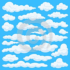 Cartoon clouds set. Isolated cloud clipart, art game elements. Blue sky, flat smoke and comic white fluffy shapes