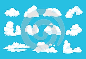 Cartoon clouds. Sky atmosphere blue heaven 2D vintage fluffy symbol clean flat shape cloudy graphic. Vector cartoons set