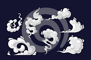 Cartoon Clouds, Smoke, Bomb Explosion, Comic Boom Effect. Vector White Aroma Or Toxic Steaming Vapor, Dust, Steam