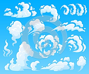 Cartoon clouds and smoke. Dust cloud, fast action icons. Sky vector isolated illustration collection