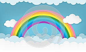 Cartoon cloudscape background with paper clouds and rainbow. Cloudy landscape wallpaper.