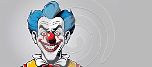 a cartoon clown with blue hair and a red nose is smiling