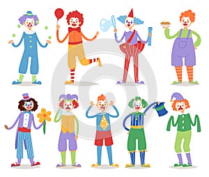 Cartoon clown character funny circus man clownery colorful friendly costume male clownish artist vector illustration.