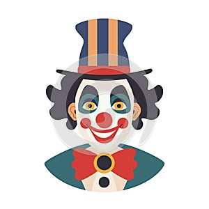 Cartoon clown character smiling, wearing striped top hat, red nose, red bow tie. Clown black curly