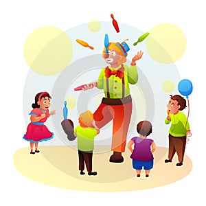 Cartoon clown juggler showing tricks for kids