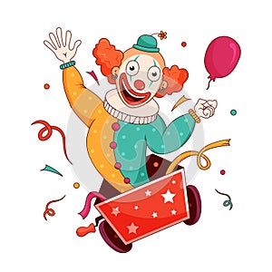 A cartoon clown jumping out of a box on wheels with a balloon in his hands and confetti