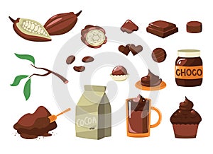 Cartoon cocoa. Brown beans for cacao milk dark chocolate drink candy, sweet product for dessert beverage cosmetics