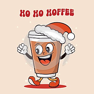 Cartoon coffee cup in santa hat with text HO HO HOFFEE, retro mascot character. Vector illustration.