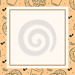 Cartoon coffee frame background for bakery or pasrty vector for blank, price or social media mock up or bithday, wedding party