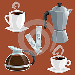 Cartoon coffee objects set. Cup of coffee, italian coffee geiser pot, glass pot with black plastic handle. Vector illustrations