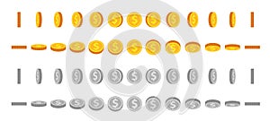 Cartoon coin animation sprites. Gold and silver coins flip and rotate. Round dollar for animated game. Money icon in photo