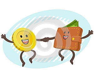 Cartoon Coin Character and Wallet Character dancing. Joyful meeting. Sweet couple jumps holding hands