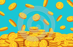 Cartoon coins falling. Gold dollar dropping, money rain background. Flying currency. Treasure, wealth or successful