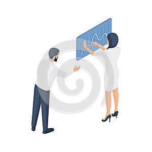 Cartoon colleagues analyzing financial graph. Isometric illustration