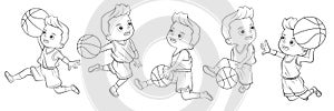 Cartoon collection of boys playing basketball