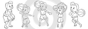 Cartoon collection of boys playing basketball