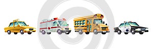 cartoon collection of cars, yellow taxi, ambulance, school bus and police car. Isolated on white background.