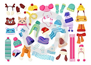 Cartoon collection children winter hats, vector illustration. Beautiful cartoon baby clothes, set. Stylish knitted