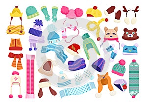 Cartoon collection children winter hats, vector illustration. Beautiful cartoon baby clothes, set. Stylish knitted