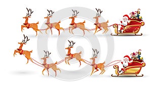 Cartoon collection of Christmas Santa Claus rides reindeer sleigh on Christmas with different pose emotion. Vector set