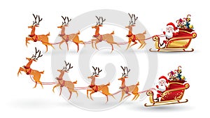 Cartoon collection of Christmas Santa Claus rides reindeer sleigh on Christmas with different pose emotion. Vector set