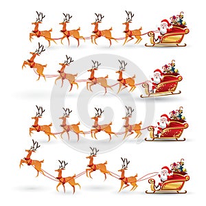 Cartoon collection of Christmas Santa Claus rides reindeer sleigh on Christmas with different pose emotion. Vector set