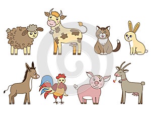 Cartoon collection of domestic animals on white background