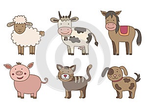 Cartoon collection of domestic animals on white background