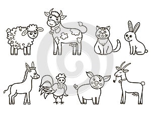 Cartoon collection of domestic animals on white background, coloring book