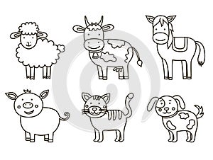 Cartoon collection of domestic animals on white background, coloring book