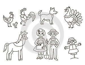 Cartoon collection of domestic animals on white background, coloring book