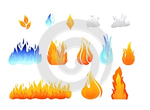 Cartoon collection Fire Flames Set. Great Light Effect for Design on a white background. Isolated and easy to edit