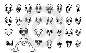 Cartoon Collection of Retro Emoji Characters. Vector Monochrome Set. Happy, Smile Cool And Crying, Wink Eye