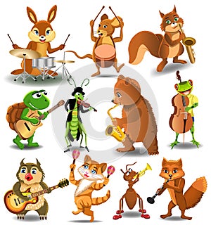 Cartoon collection of wild animals playing instruments