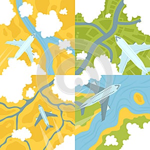 Cartoon Color Airplane Top View Landscape Scene Concept. Vector